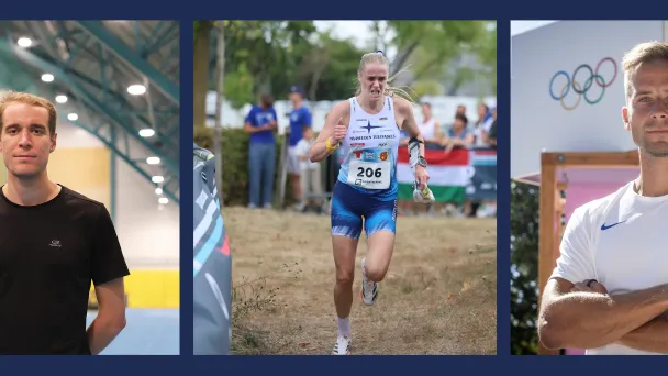 Kolme kuvaa urheilijasta, sisätiloissa, juoksemassa ja olympialogo taustalla.
