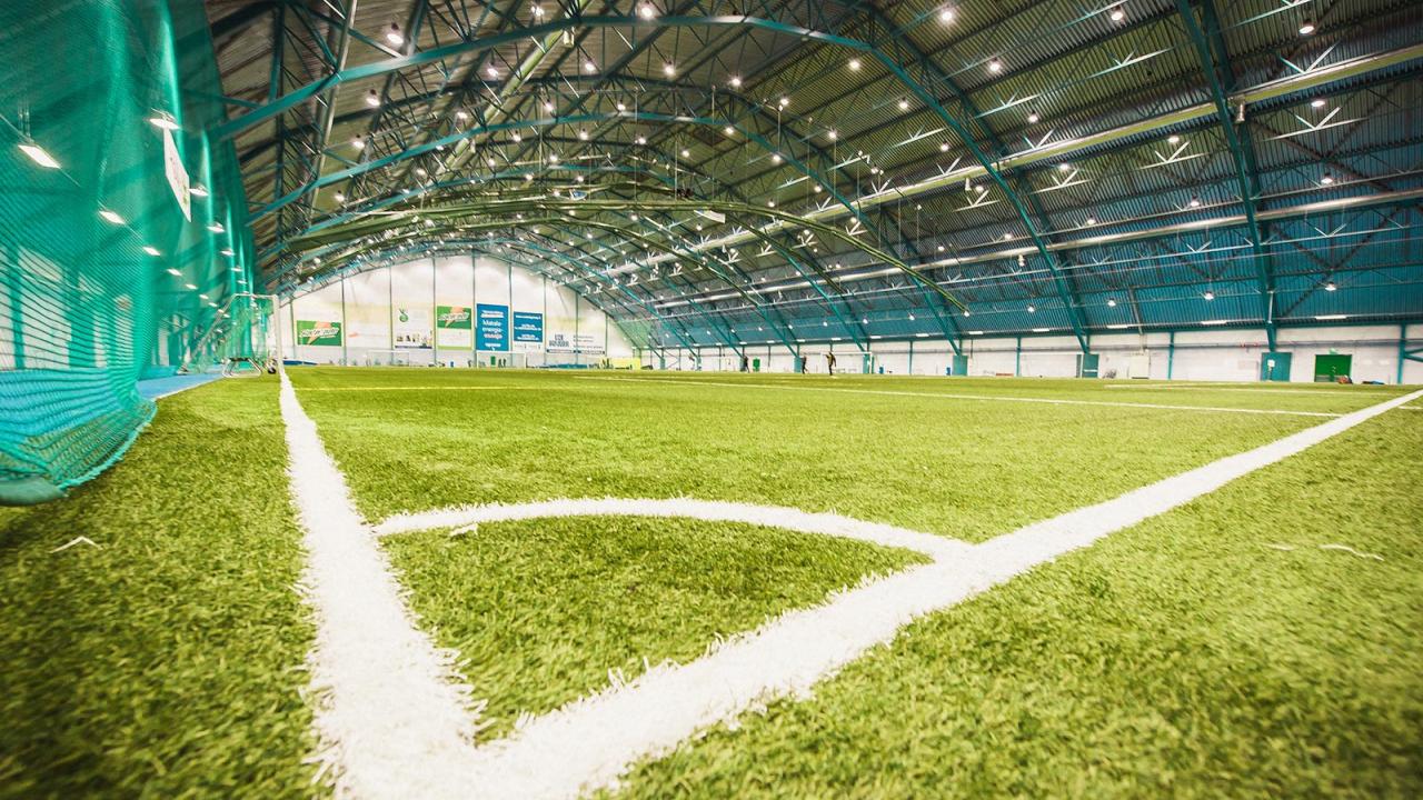 Indoor soccer field with artificial turf and overhead lighting.