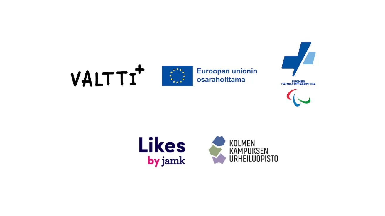 Logot: Valtti, Euroopan unioni, kuntoliikunta, Likes by Jyu, Suomen Paralympiakomitea.