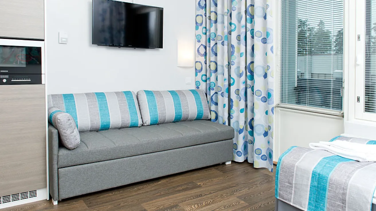 Harmaa sohva ja televisio huoneessa, raidalliset verhot ja päiväpeite.