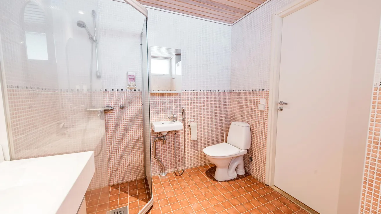 Vaalea kylpyhuone, jossa on suihku, WC ja pesuallas.