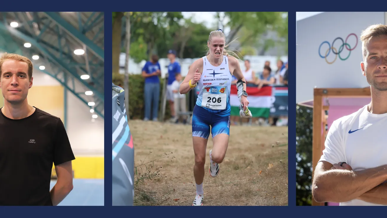 Kolme kuvaa urheilijasta, sisätiloissa, juoksemassa ja olympialogo taustalla.