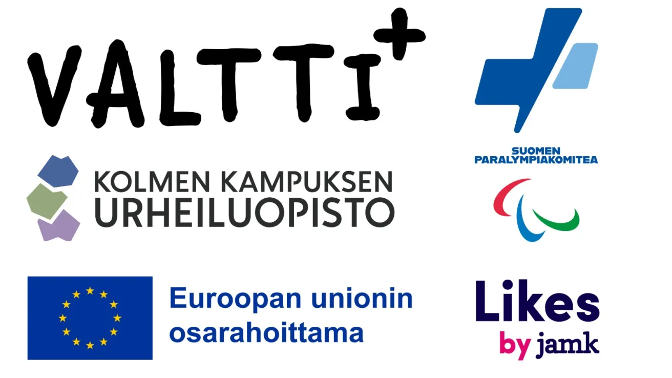 Valttiplus, suomen paralympiakomitea, likes by jamkl, kolmen kampuksen urheiluopisto sekä euroopan unionin osarahoittama logo