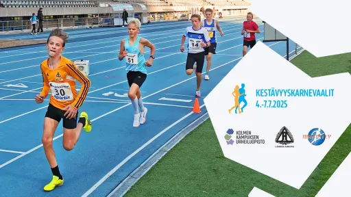 Juoksukilpailu stadionilla, useita urheilijoita radalla.