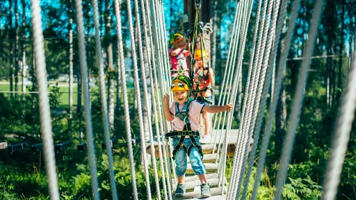 Kaksi lasta seikkailee köysiradalla metsässä.