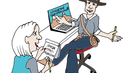 Kaksi henkilöä keskustelee pöydän ääressä, molemmat hymyilevät.