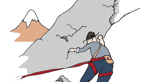 Vuorikiipeilijä kiipeää jyrkkää harmaata kallioseinämiä.