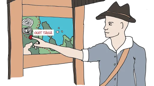 Mies katsoo karttaa ja osoittaa siihen. Päällä vaalea paita ja hattu.