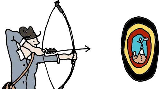 Mies ampuu peiliin, joka heijastaa samanlaista tilannetta. Piirros.