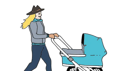 Henkilö työntää sinisiä lastenvaunuja.