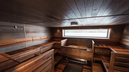 Puinen saunahuone, penkit vastakkain, ikkuna ulos.