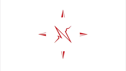 Hyvinvointikoulun logo. Punainen kompassiruusu valkoisella taustalla.