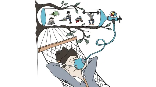 Riippumatossa lepäävä henkilö, puun oksalle kiinnitetty.