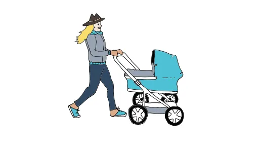 Nainen työntää lastenrattaita.