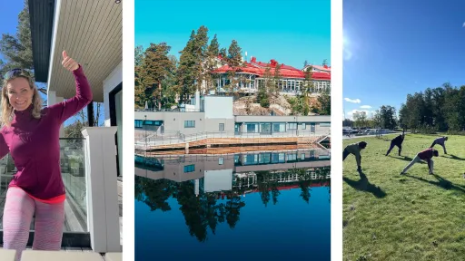 Kolme valokuvaa: nainen parvekkeella, rakennuksia vedellä, ihmiset harjoittelevat ulkona.