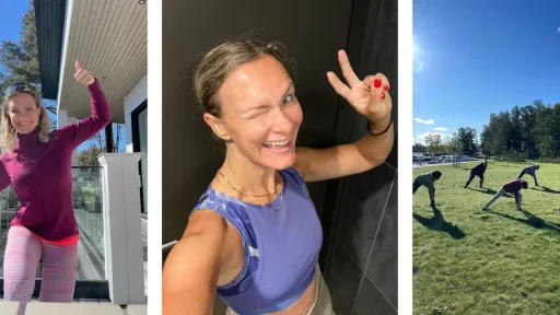 Kolme kuvaa: iloinen nainen kahdessa kuvassa ja kolmannessa jumpataan kesäisellä nurmella.