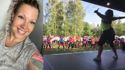 Kaksi kuvaa: nainen hymyilee ja nainen tanssittaa yleisöä