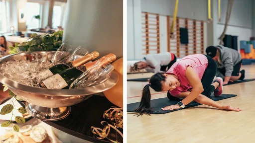 Kuohuviini jääpala-astiassa vappupallojen vieressä. Nainen venyttelee FasciaMethodissa.