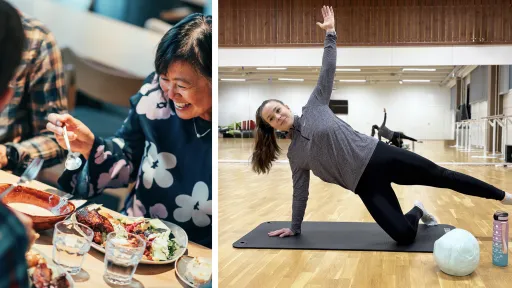 Kaksi kuvaa: nainen ravintolassa syömässä, nainen tekemässä pilatesta.