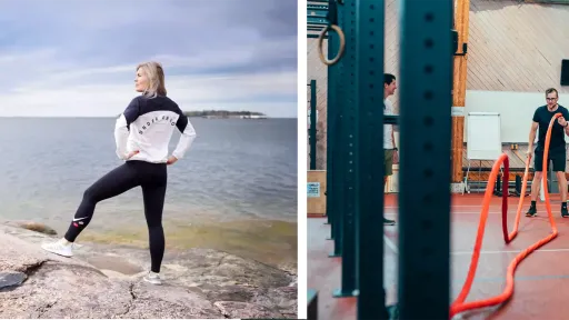 Hanna Pohja seisoo kalliolla meren rannalla ja toisessa kuvassa mies kiskoo voimakäysiä.