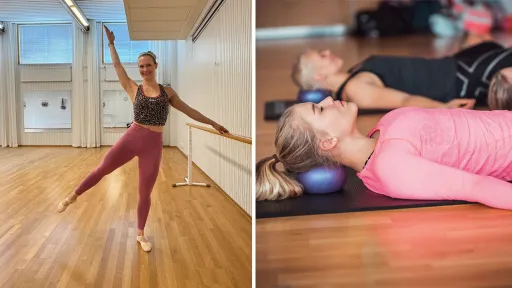 Jumppaope Joanna Mauno barren kanssa ja nainen makoilee fasciapallo pään alla