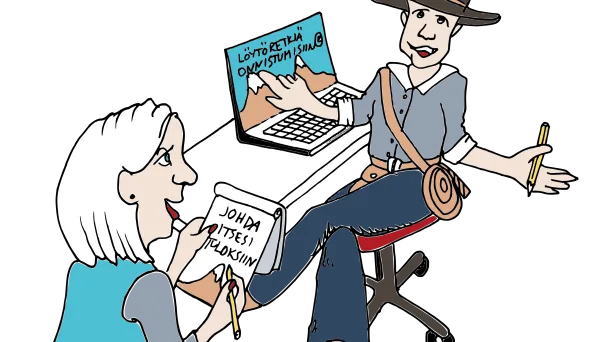 Kaksi henkilöä keskustelee pöydän ääressä, molemmat hymyilevät.