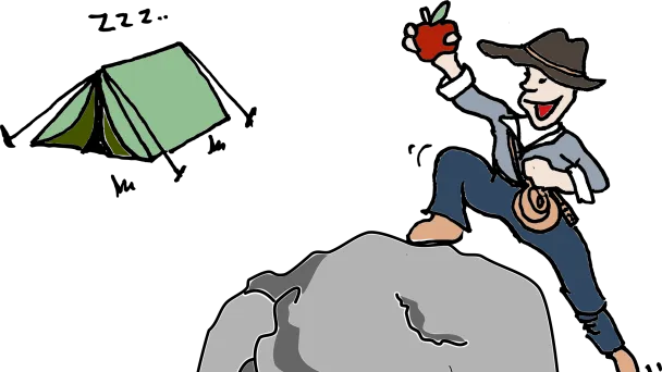 Sarjakuvamies huopahatussa kiipeää kiven päälle, pitää omenaa. Teltta taustalla.