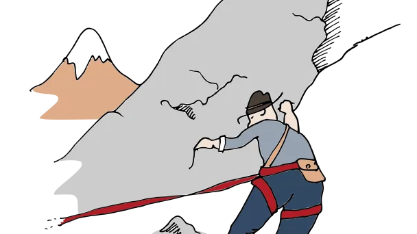 Vuorikiipeilijä kiipeää jyrkkää harmaata kallioseinämiä.