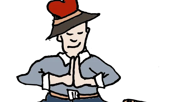 Mies meditoi hattu päässä, vieressä köysi.  