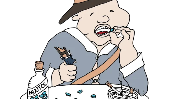 Mies syö pillereitä ja polttaa tupakkaa, edessä pullo ja tuhkakuppi, piirretty kuva.