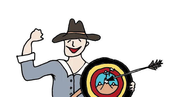 Mies hymyilee, pitää tarkkuuskilpeä, hattu ja laukku päällä.