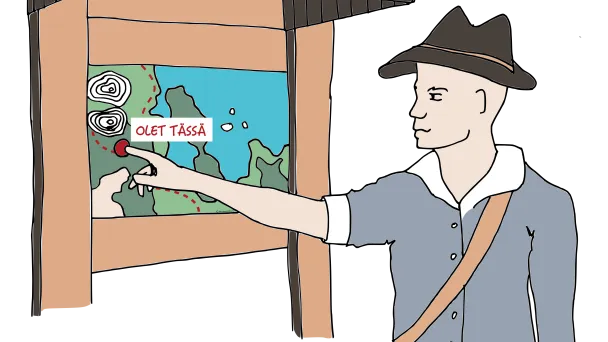 Mies katsoo karttaa ja osoittaa siihen. Päällä vaalea paita ja hattu.