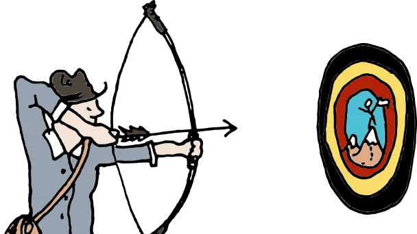 Mies ampuu peiliin, joka heijastaa samanlaista tilannetta. Piirros.