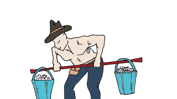 Piirros mies kantamassa ämpäreitä olalla.