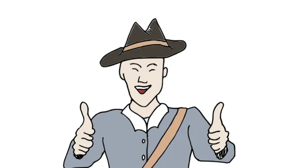 Hyvinvointikoulun hahmo näyttää tuplapeukkua ja hymyilee.