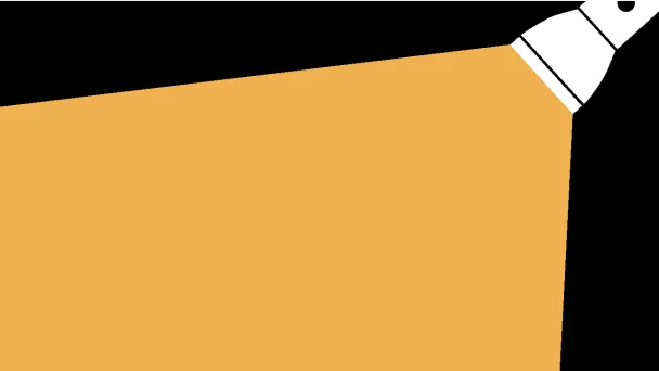 Piirretty kuva. Taskulammpu loistaa vasemmasta yläkulmasta oranssille taustalle.