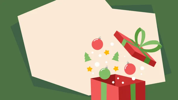 Avoin lahjapaketti, josta lentää koristeita, beige kortti taustalla.