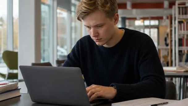 Nuori mies opiskelee kirjastossa kannettavan tietokoneen ääressä.
