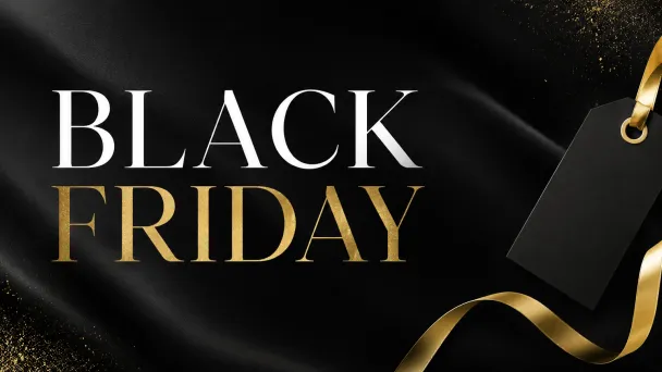 Black Fridayn kampanjabanneri jossa on kullanvärinen nauha ja musta hintalappu tummalla taustalla.