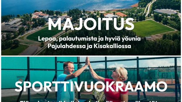 Kolmen kampuksen urheiluopistojen verkkokauppojen kuvaus: majoitus osassa maisemakuva ja sporttivuokraamon osassa urheilukuva