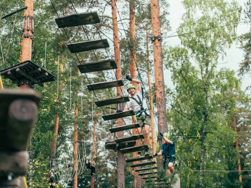 Seikkailupuistossa ihminen kävelee köysisillalla metsän keskellä.