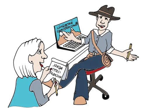 Kaksi henkilöä keskustelee pöydän ääressä, molemmat hymyilevät.