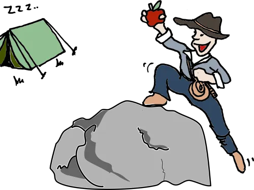 Sarjakuvamies huopahatussa kiipeää kiven päälle, pitää omenaa. Teltta taustalla.