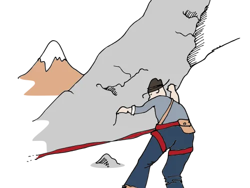 Vuorikiipeilijä kiipeää jyrkkää harmaata kallioseinämiä.