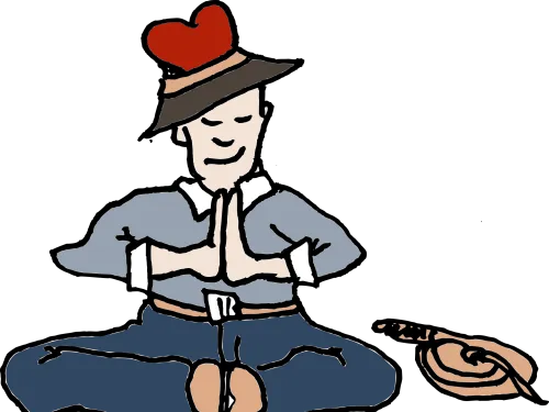 Mies meditoi hattu päässä, vieressä köysi.  