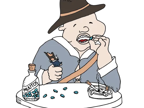 Mies syö pillereitä ja polttaa tupakkaa, edessä pullo ja tuhkakuppi, piirretty kuva.