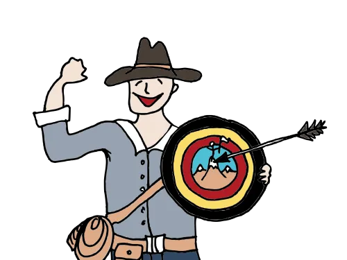 Mies hymyilee, pitää tarkkuuskilpeä, hattu ja laukku päällä.