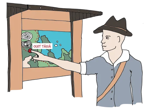 Mies katsoo karttaa ja osoittaa siihen. Päällä vaalea paita ja hattu.