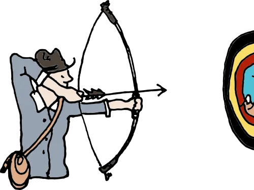 Mies ampuu peiliin, joka heijastaa samanlaista tilannetta. Piirros.