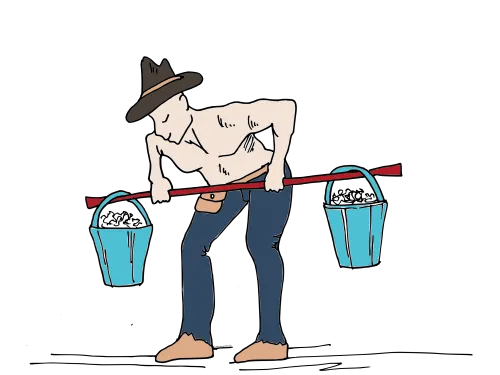 Piirros mies kantamassa ämpäreitä olalla.